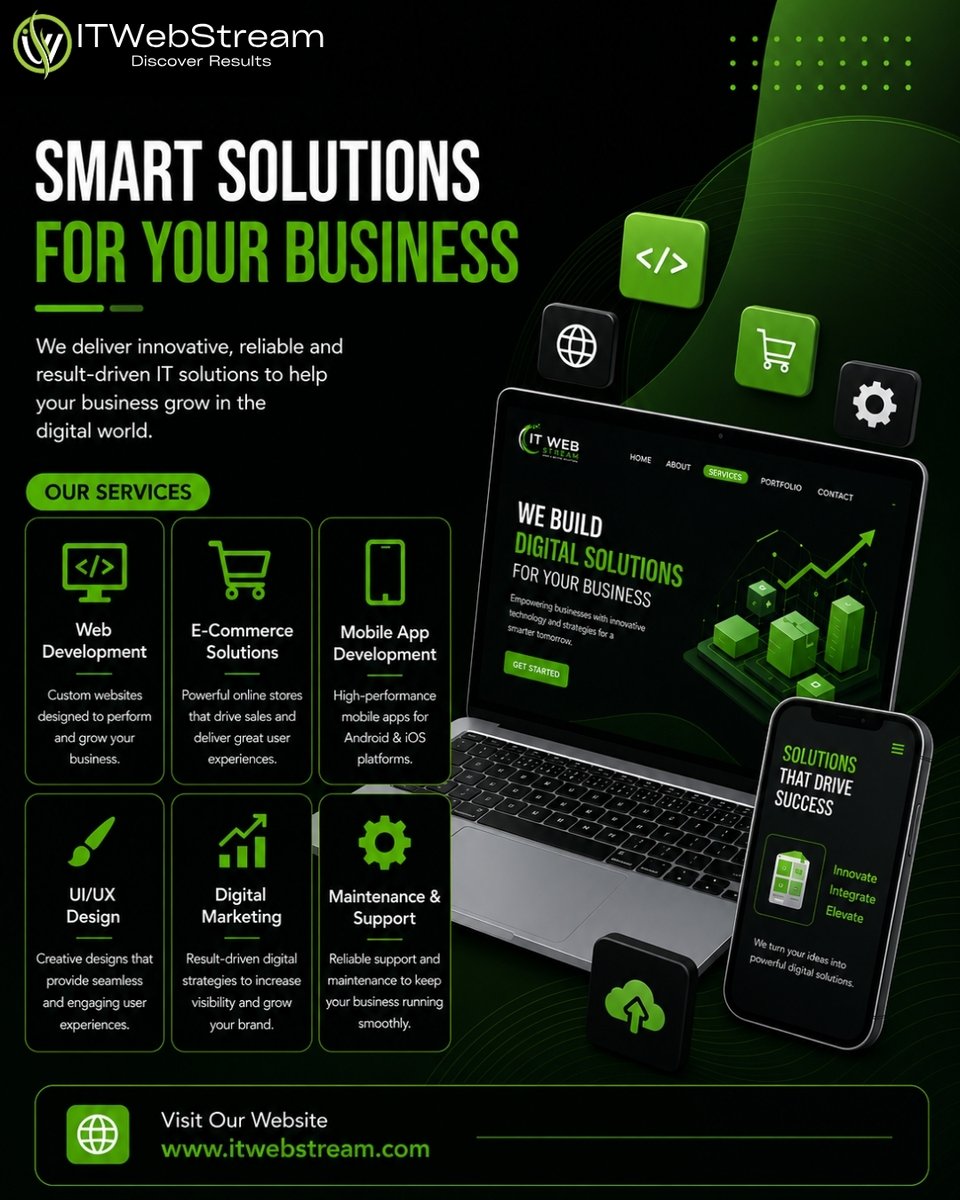 ITWebStream's tweet photo. Smart IT solutions that help businesses build better websites, apps, e-commerce platforms, and digital growth strategies. 🚀💻 Grow smarter with @ITWebStream. ✅🌐

#ITWebStream #DigitalMarketing #WebDevelopment #EcommerceSolutions #MobileAppDevelopment #BusinessGrowth #SEO https://t.co/5lyYJOU8xz
