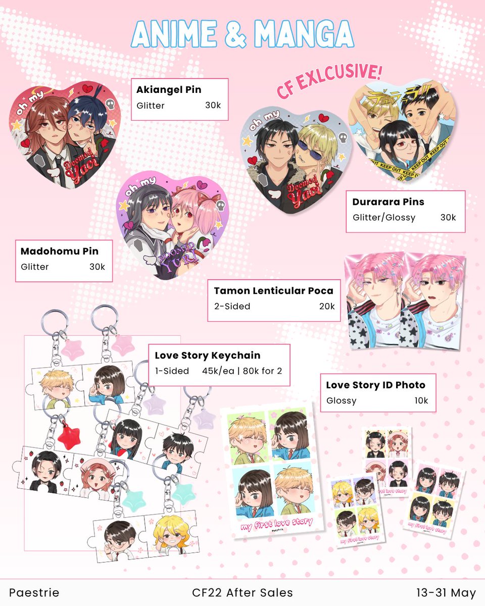 paestrie's tweet photo. [RT &amp; ❤️ appreciated]

reminder that my CF22 after sales is open!^^ durarara merch will only be available now~

Closes 31 May
🔗: https://t.co/T3zMwQ1Sq5
❤️‍🔥: durarara, sonic, cooking mama, tamagotchi,  f1, txt, boynextdoor, originals, nana, &amp; more

#cf22aftersales #cf22 https://t.co/gik59JvKOO