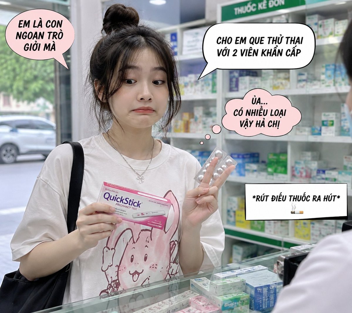 HoLinh_Pharma's tweet photo. Sáng nay có bé chắc tầm 16-17 tuổi đi taxi tới nhà thuốc vội vàng nói bán cho e cái que
Mình hỏi: “Em muốn mua que gì e ha?”
Bé ngơ ngác: “Ủa có nhiều loại nữa hả chị?” 
Mình mới nói: que thử thai, que rụng trứng, que test này kia...
Bé nghe xong trợn mắt: “Trời ơi chị, em là con ngoan trò giỏi mà 😌”
Rồi bé nhẹ nhàng nói tiếp:
“Cho em que thử thai với 2 viên khẩn cấp…”
Nói xong rút điếu thuốc ra hút 😭
Lúc đó trong đầu mình chỉ hiện lên:
“Ờ…là bé ngoan dữ chưa ta 😌”
Mà thôi, ai cũng có tuổi trẻ mà hen 😄
Chỉ Mong mấy bé thương bản thân mình nhiều hơn chút ❤️