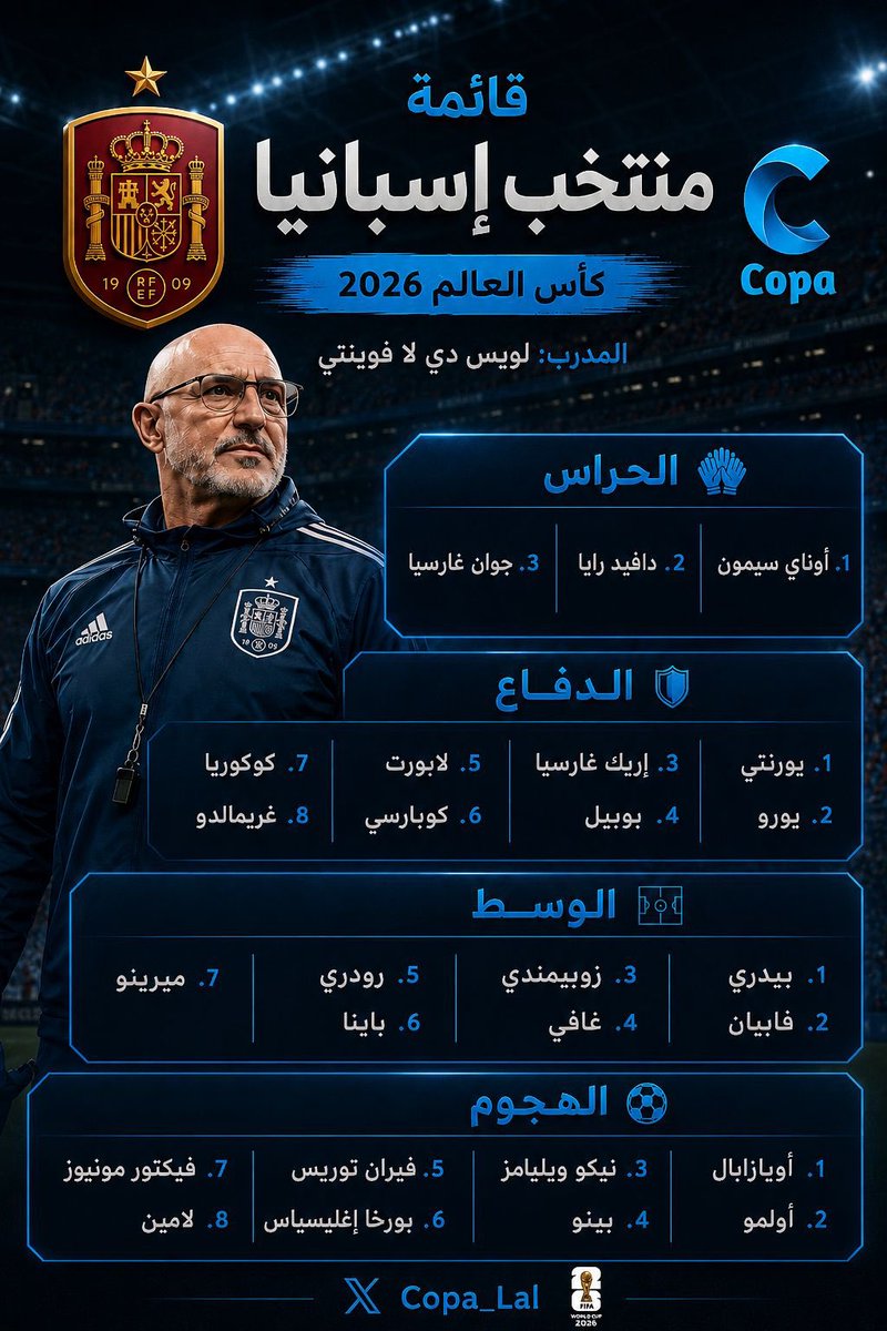 Copa_Lal's tweet photo. 🟡🔴✅ رسميًا |

قائمة منتخب إسبانيا 🇪🇸 لمونديال 2026 

#كأس_العالم2026
#FIFAWorldCup https://t.co/QEe6MJxUI7
