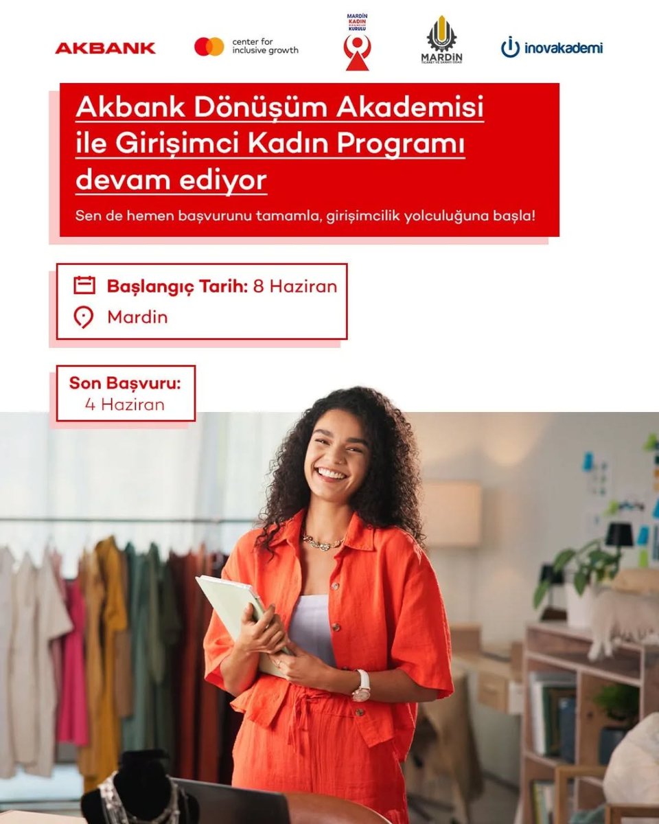 mardintso's tweet photo. Programın Amacı Nedir?
Programın temel amacı; girişimci kadınları desteklemek, işlerini daha etkin bir şekilde geliştirmeleri ve yetkinliklerini artırmalarını sağlamaktır. Ayrıca, geniş bir iş dünyası ağına erişerek yeni iş olanakları ve iş birliği fırsatları yakalama imkânı bulmaları amaçlanmaktadır.
Kimler Katılabilir?
Firması Mardin'de bulunan tüm girişimci kadınlar başvuru yapabilir. Değerlendirme aşamasından sonra 15 girişimci kadın programdan faydalanacaktır. Öncelik; imalat yapan, istihdam sağlayan ve firma geçmişi 1-3 yıl arasında olan başvuru sahiplerine verilecektir.
Program İçeriği
Program hibrit bir katılımla gerçekleşecektir. Program kapsamında her bir firmaya ziyaret edilerek Swot analizleri çıkartılacak olup gelişim alanları eğitimlerin yanı sıra  6 ay boyunca mentörlük desteği verilecektir. Online eğitim takvimi aşağıdaki gibidir. Eğitimlere %70 katılım ve devam kriteri bulunmaktadır. Bu kriteri karşılayan katılımcılar ile katılım belgeleri eğitim sonunda paylaşılacaktır.
Fiziksel: 8, 9, 10, 11, 12 Haziran
📷Online:  26 Haziran, 6, 14, 28 Temmuz, 5, 13, 26 Ağustos, 9, 17, 29 Eylül, 8, 20, 26 Ekim, 9 Kasım
📷Online: 6x1 mentörlük seansı

Detaylı bilgi ve başvuru işlemleri şu adresten yapılabilecek:
https://t.co/iIVAmizBva

#mardintso #mardin #akbank