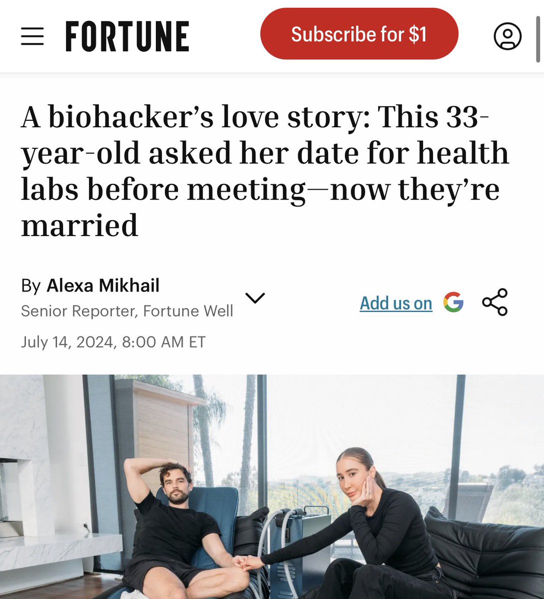 femalelongevity's tweet photo. Also, my husband and I do longevity together, before our first date I sent him 7 labs, we had our first date in an HBOT chamber…he was already healthy before we met but we do this all together. He’s currently building our company so he has slightly less time for protocols, but he’s all in on being the healthiest possible. I’m our “chief health officer” and the media reported on us years ago about being the healthiest couple on the planet. Here’s him last night, I just put on our new set of CGMs. Doing this with my husband is the best ever, it’s our love language.