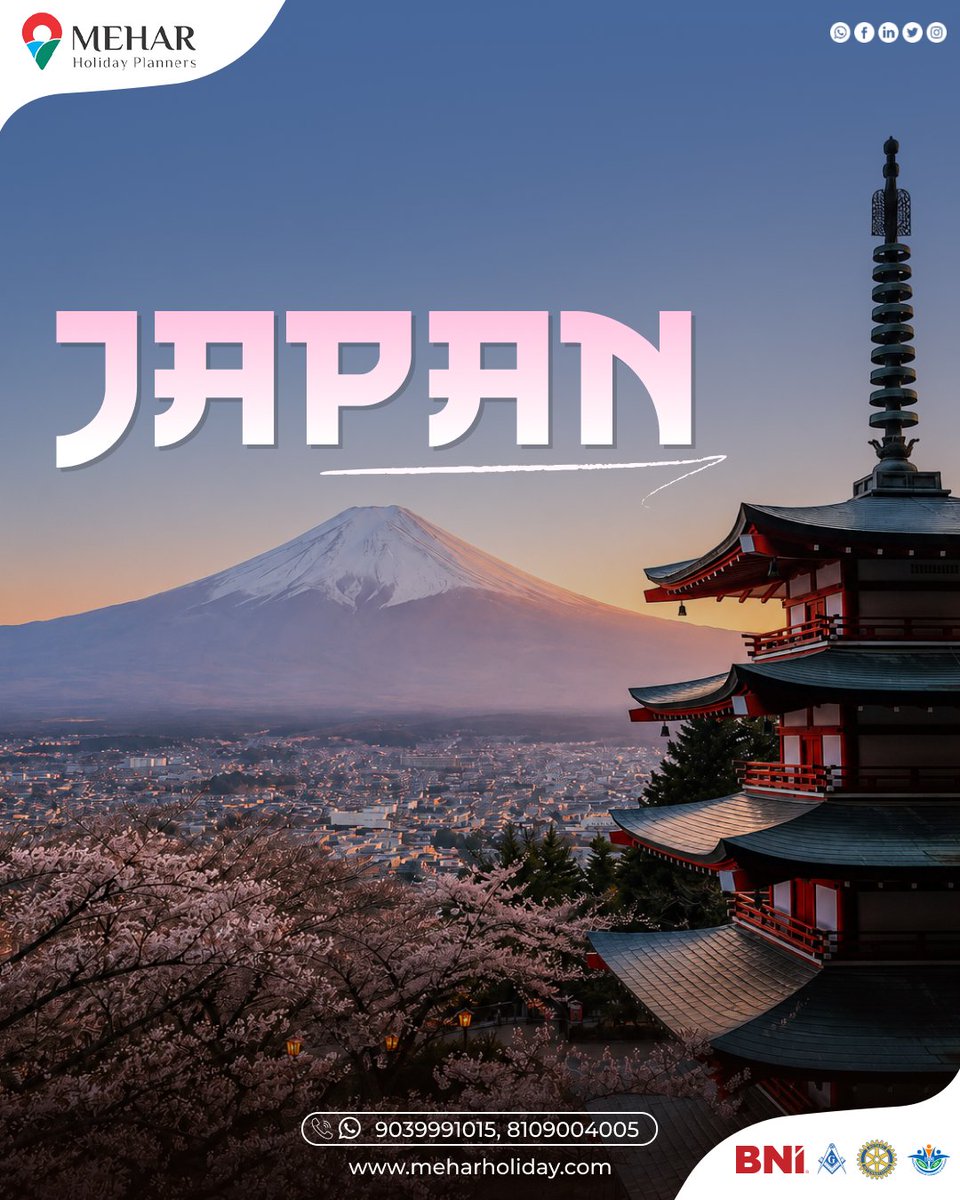 MeharHoliday's tweet photo. There are destinations you visit And then there’s Japan 🗻
Cherry blossoms, ancient temples and Mount Fuji at golden hour. 🌸
Japan doesn’t just look like a dream-it feels like one. ✨
Let Mehar Holiday Planners turn this into your reality.
#meharholidayplanners #japan  #travel https://t.co/4HxSEzJEna