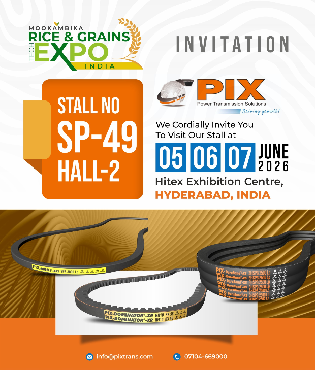 pixtrans's tweet photo. Join us at the Mookambika Rice &amp; Grains Tech Expo 2026 and explore PIX’s range of power transmission solutions for industrial applications.

We look forward to meeting industry professionals and discussing how our solutions can support your operations.

See you there.

#PIX https://t.co/WgQ14d0Q3W