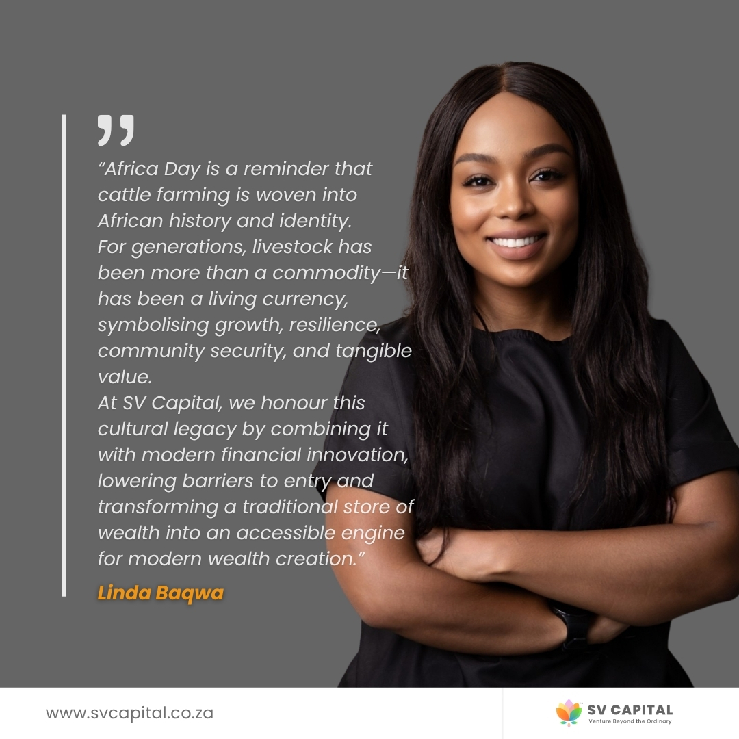 sv_capital's tweet photo. Group Marketing Manager, Linda Baqwa, says that celebrating Africa Day means recognising the asset classes that have sustained our communities for centuries. Livestock remains a time-tested store of value that symbolises growth and long-term security.

By bridging agricultural tradition with structured financial products, we offer a modern approach to portfolio diversification rooted in real assets.

Explore our open alternative investment portfolios via the link in our bio.

#AfricaDay #CattleBanking #AlternativeAssets #PortfolioGrowth #heritage #WealthCreation
