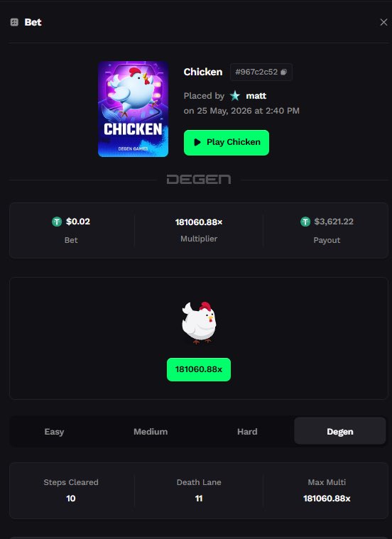 vvsshahh's tweet photo. MY MOD/ CODE USER @YTMatty0 JUST HIT THE MAX WIN ON THE UNRELEASED CHICKEN GAME ON DEGEN HOLYY

CONGRATULATIONS MATTY

#gambling #chicken #degen https://t.co/XQO7VDwUhc