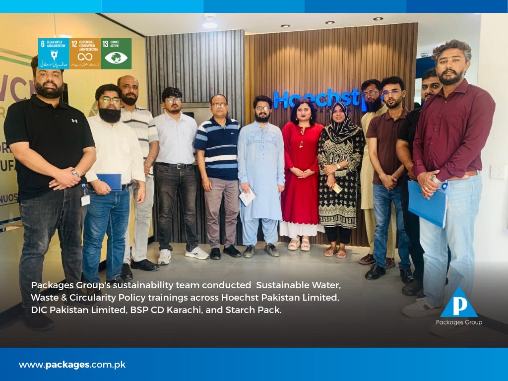 PackagesGroup's tweet photo. Packages Group Sustainability team continued its Sustainable Water, Waste &amp; Circularity Policy trainings across Hoechst Pakistan Limited, DIC Pakistan Limited, BSP CD Karachi, and Starch Pack.

#PackagesGroup #Sustainability https://t.co/VbKHl9wNdV