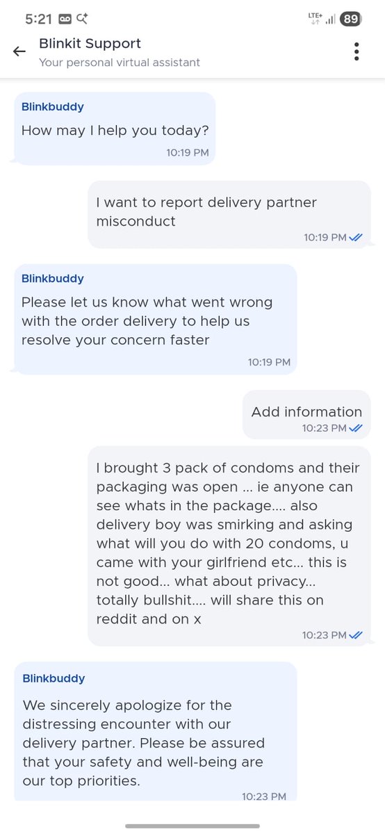 Trichuris0's tweet photo. @MasalaBai @letsblinkit Bought pack of condoms from @blinkitcares and the order wasn’t sealed and the guy who came to delivered was smiling and asking all sorts of weird questions, though I complained and @letsblinkit blocked his id. But these things shouldn’t have happened at first place. https://t.co/cpL8cxxER0