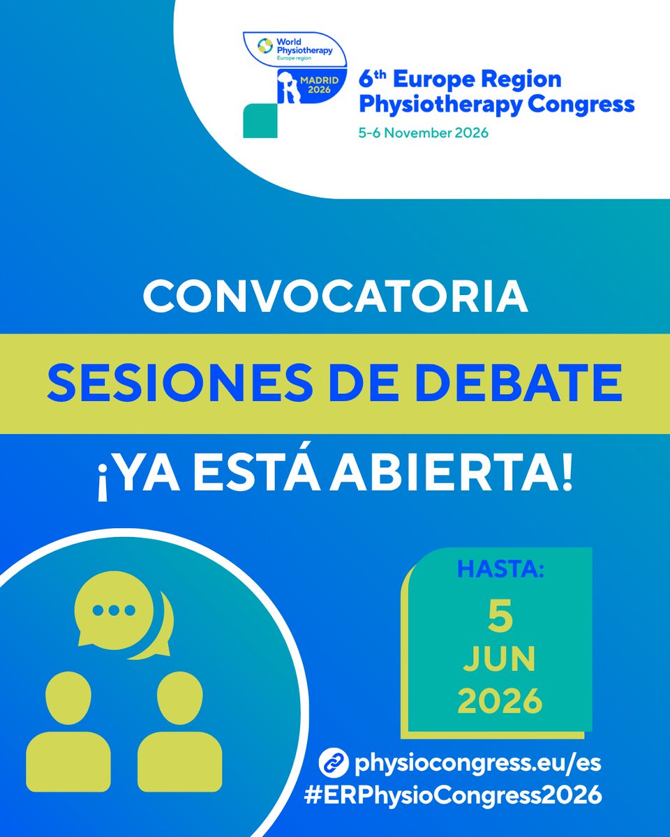 Colfisio's tweet photo. Ya están abiertas las convocatorias para plantear propuestas en el 6th Europe Region Physiotherapy Congress
👐 Talleres Clínicos
🎤 Sesiones de Charla
💬 Sesiones de Debate

Accede aquí a todos los detalles:
https://t.co/xd5oaajnjd
#ERPhysioCongress2026 https://t.co/FsxBB3TmPf