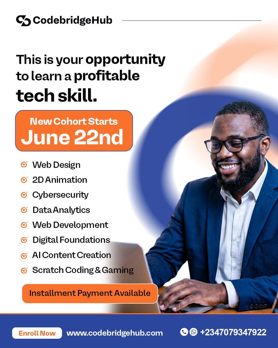 codebridgehub's tweet photo. Your future can change with one decision. 

A new Codebridge Hub cohort starts June 22nd, and this could be your opportunity to learn a profitable tech skill that opens doors locally and globally.

Whether you're starting from scratch or looking to switch careers, we’ve got practical training designed to help you grow.

Don’t keep waiting for the “perfect time.” Start building your future now.
📞 +2347079347922 🌐 https://t.co/4PHMuQxAyP

#CodebridgeHub #TechSkills #LearnTech #Cybersecurity #DataAnalytics #WebDevelopment #AIContentCreation #DigitalSkills #TechEducation #CareerGrowth #OnlineLearning #TechInAfrica #SkillUp #FutureReady