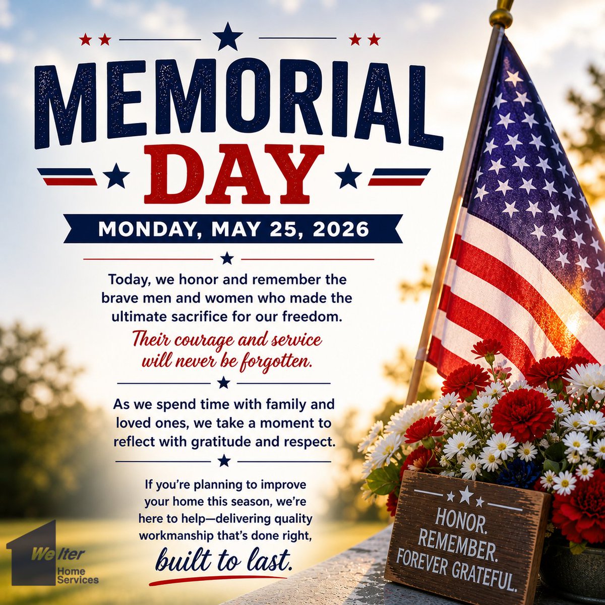 HandyWelter's tweet photo. 🇺🇸 Memorial Day 🇺🇸

Today, we honor and remember the brave men and women who made the ultimate sacrifice for our freedom. Their courage and service will never be forgotten.

As we spend time with family and loved ones, we take a moment to reflect with gratitude and respect. https://t.co/cCXVxjc3yz