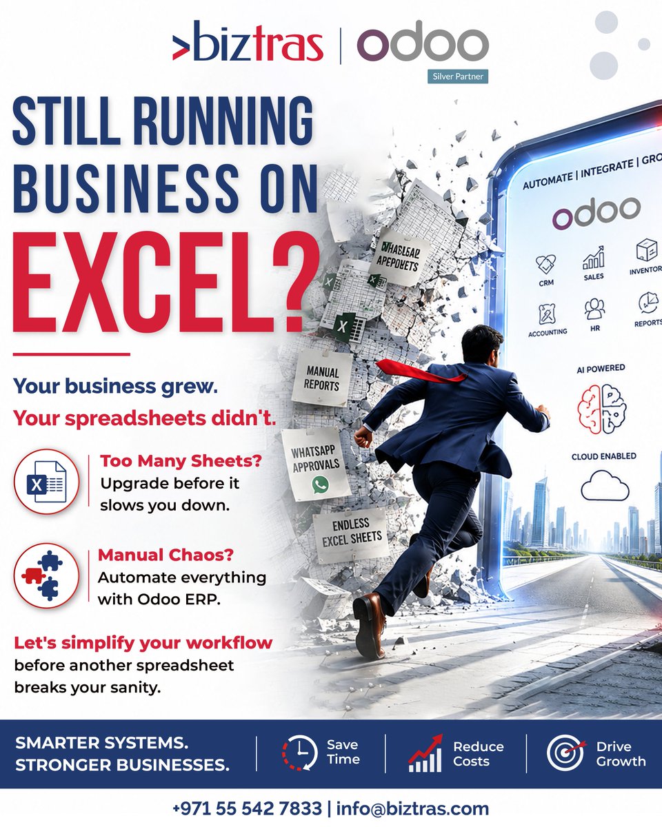 BiztrasIT's tweet photo. Spreadsheets slowing you down? Upgrade your operations with Biztras + Odoo ERP.
Automate tasks, streamline workflows, and scale faster.
📞+971 55 542 7833 | 📩 info@biztras.com
#Biztras #Odoo #ERP #Automation #DigitalTransformation #BusinessGrowth #SMBs #TechSolutions #ScaleSmart https://t.co/pQp9tya8dH