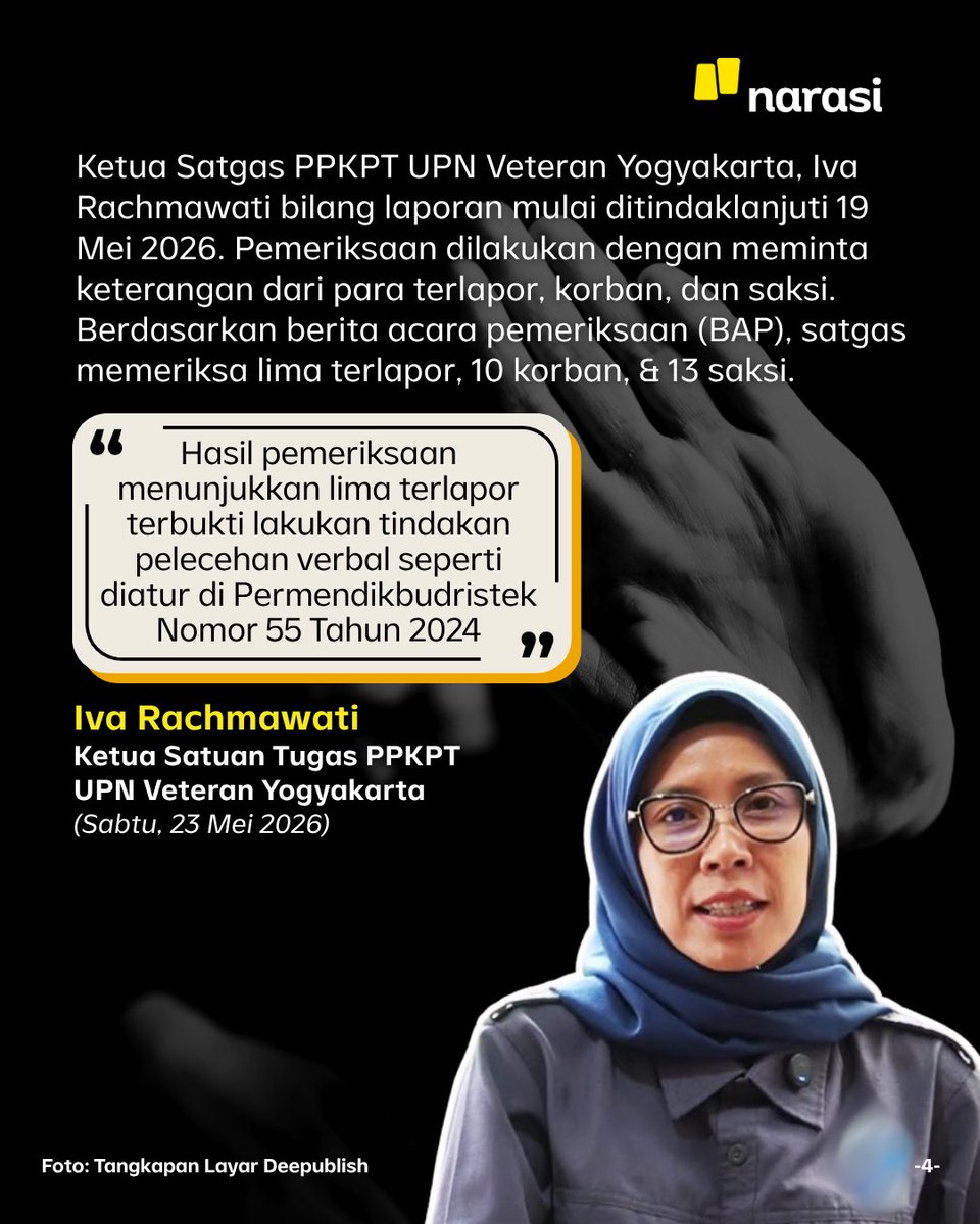 NarasiNewsroom's tweet photo. Universitas Pembangunan Nasional (UPN) Veteran Yogyakarta menjatuhkan sanksi tegas kepada lima dosen yang terbukti melakukan kekerasan seksual di lingkungan kampus. Keputusan ini diambil oleh rektor berdasarkan rekomendasi Satgas PPKPT setelah melakukan pemeriksaan intensif terhadap para terlapor, 10 korban, dan 13 saksi. 

Pihak universitas menegaskan tidak ada toleransi bagi segala bentuk kekerasan seksual demi melindungi seluruh civitas akademika dari relasi kuasa yang tidak sehat di lingkungan pendidikan.

| Narasi Daily