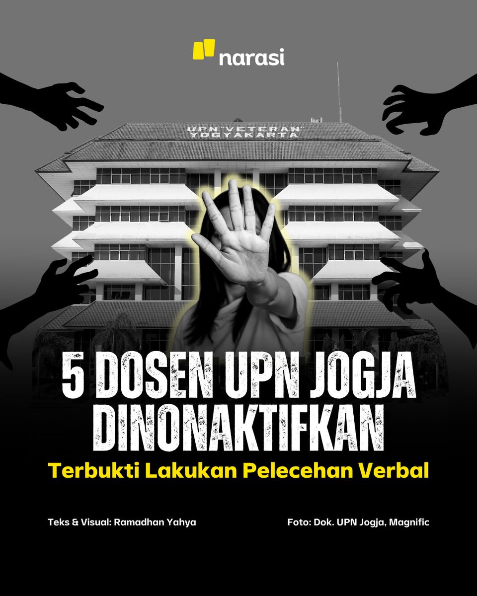 NarasiNewsroom's tweet photo. Universitas Pembangunan Nasional (UPN) Veteran Yogyakarta menjatuhkan sanksi tegas kepada lima dosen yang terbukti melakukan kekerasan seksual di lingkungan kampus. Keputusan ini diambil oleh rektor berdasarkan rekomendasi Satgas PPKPT setelah melakukan pemeriksaan intensif terhadap para terlapor, 10 korban, dan 13 saksi. 

Pihak universitas menegaskan tidak ada toleransi bagi segala bentuk kekerasan seksual demi melindungi seluruh civitas akademika dari relasi kuasa yang tidak sehat di lingkungan pendidikan.

| Narasi Daily
