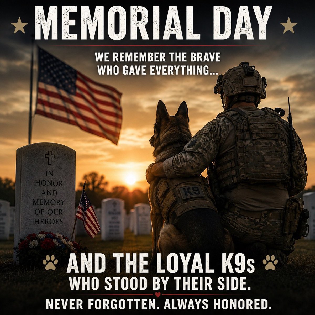 AmyTaylorTx's tweet photo. This Memorial Day, we honor the brave men and women who gave everything for our freedom — and the loyal military K9s who served beside them. 🇺🇸🐾

As a pet sitting company, we know the bond between humans and animals is powerful, unbreakable, and full of loyalty. Today we remember the heroes, both two-legged and four-legged, who sacrificed so much.

Never forgotten. Always honored. ❤️🤍💙