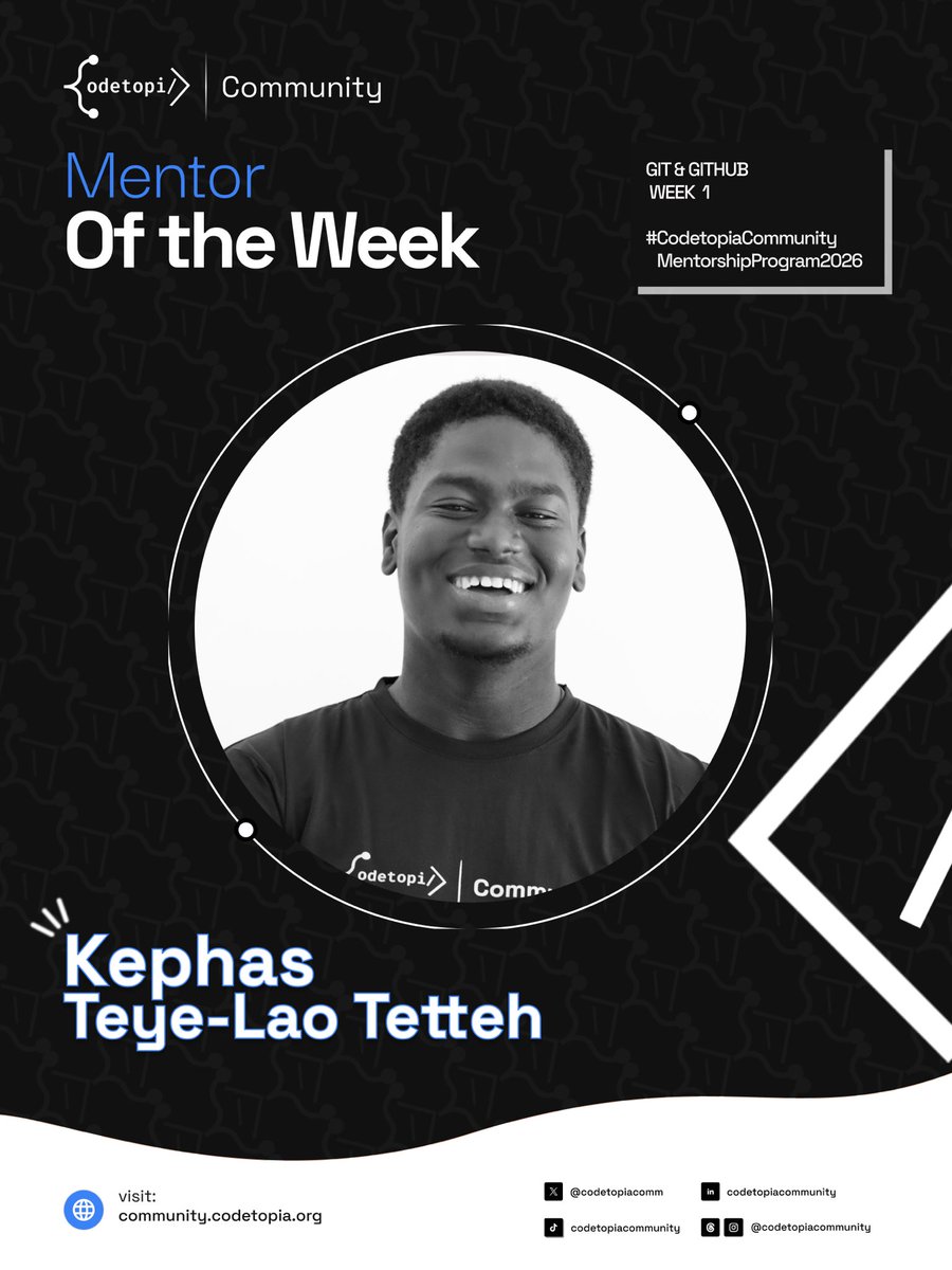 codetopiacomm's tweet photo. Behind every great mentee is a mentor who shows upπ
Mentor of the Week: Kephas Teye-Lao Tetteh π
Week 1 of our Git & GitHub Mentorship Program and he's already setting the standard.
#Codetopiacommunity #MentorshipProgram2026
#MentorOfTheWeek #GitAndGithub https://t.co/61R92SRYUR