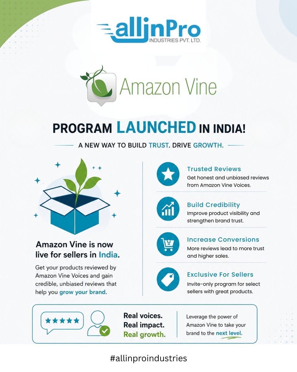 allinpro_'s tweet photo. Big news for Amazon sellers in India
Amazon Vine Program is now launched in India — helping brands get trusted, unbiased product reviews from verified Vine Voices.
✅uild product credibility
✅Increase customer trust
✅Boost conversions &amp; sales

Real reviews. Real impact. https://t.co/DQqrfX46YD