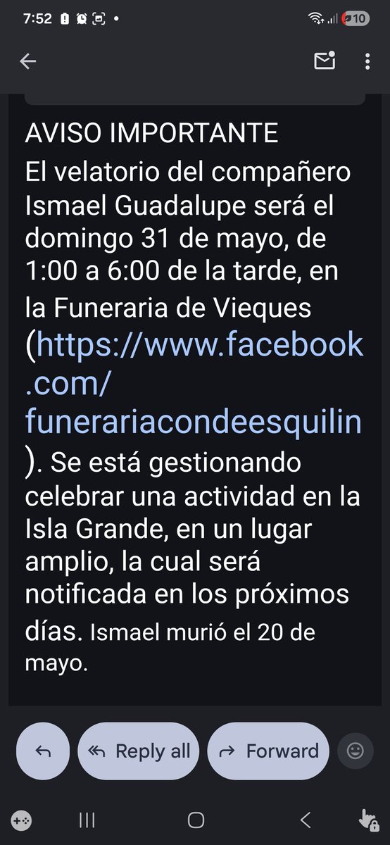 MarieRivera07's tweet photo. @eyboricuapr El alcalde de Vieques está muy ocupado con el Festival de Playa, pero aquí tienen una información de los actos fúnebres que publicaron. La funeraria a la que se refieren es la única existente en Vieques. https://t.co/1vFBt1QuUW