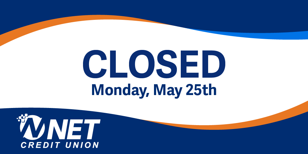 NETCreditUnion's tweet photo. We are closed today, Monday, May 25th, in observance of a Federal Holiday. 

As always, our Digital Services are available 24/7:
 💻Digital Banking
 📲Mobile App
 📱Phone Banking
 🏧ATM

Regular business hours will resume Tuesday, May 26th. https://t.co/d3hLVoGqvG