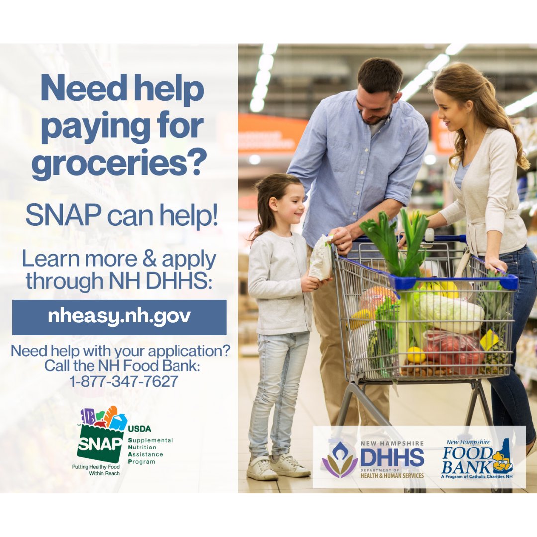 EndHungerNH's tweet photo. Need help paying for groceries? SNAP provides nutrition benefits to eligible individuals &amp; families so they can purchase nutritious foods to be healthy and strong.

To learn more and apply through NH DHHS, visit: https://t.co/uITCRPmEhX

Need help applying? Call: 1-877-347-7627 https://t.co/pf7ZPkVnFv