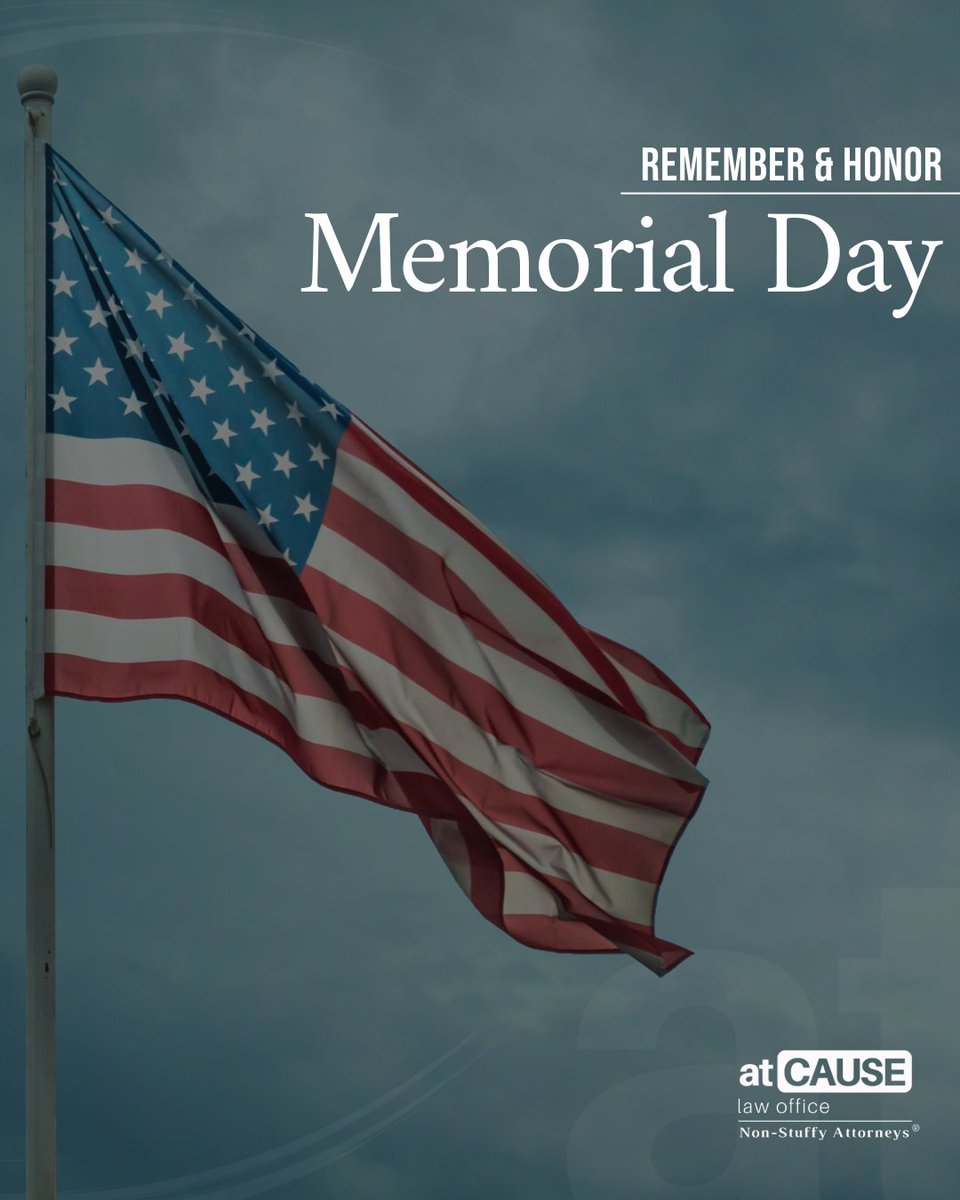atcauselaw's tweet photo. In observance of Memorial Day, our office is closed today as we honor and remember those who made the ultimate sacrifice for our country. 🇺🇸

We will resume normal business hours tomorrow, Tuesday, May 26th. Wishing everyone a safe holiday. #MemorialDay #atcauselawoffice https://t.co/QV6Fs5Eunc