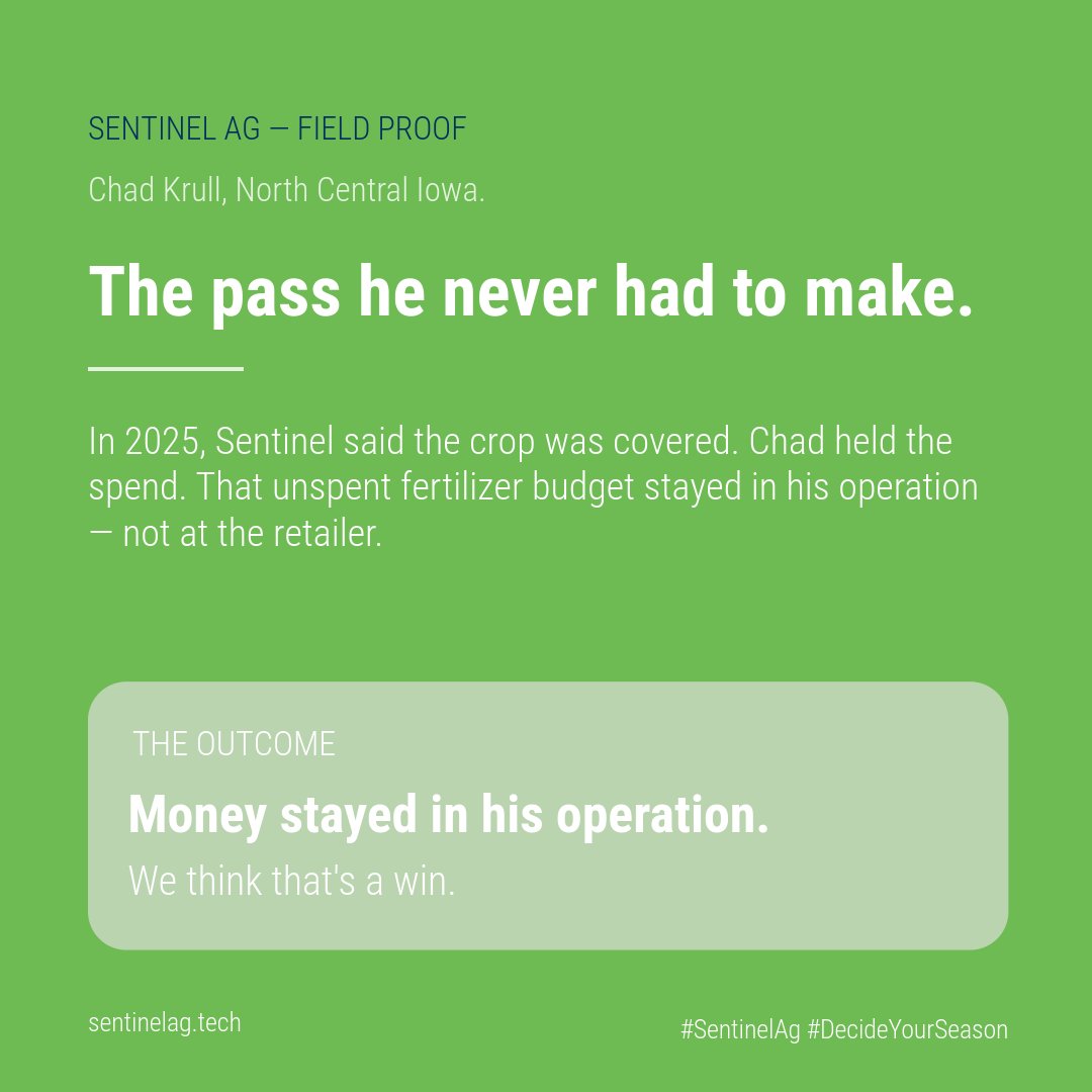 Sentinel_Ag's tweet photo. In 2025, Chad Krull budgeted a nitrogen pass he never had to make.

Sentinel said the crop was covered. He held the spend.

That money stayed in his operation.

Right now, that's the win.

#SentinelAg #NitrogenManagement #DecideYourSeason #FarmProfit #CornN https://t.co/IaqI57RIr4