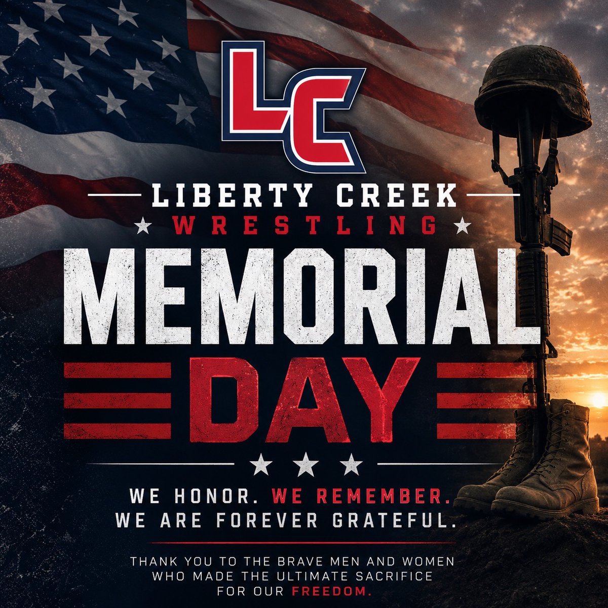 lchswrestling's tweet photo. 🇺🇸 Today we honor and remember the brave men and women who made the ultimate sacrifice for our freedom. Their courage, strength, and selflessness inspire us both on and off the mat. Thank you to all who have served and to the families who carry their legacy forward. ❤️🤍💙 🇺🇸 https://t.co/esz87ojUAy