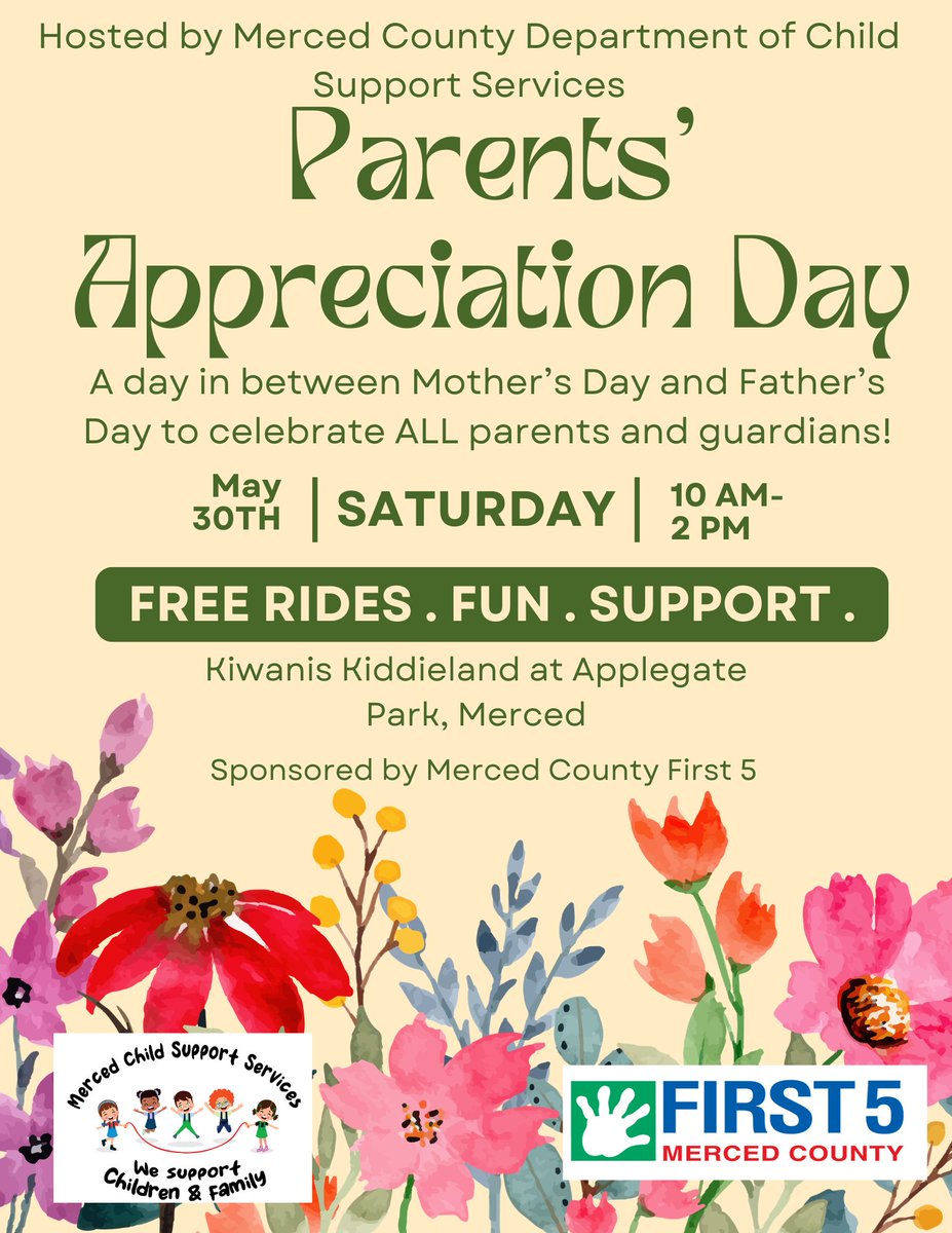 MercedDCSS's tweet photo. Parents’ Appreciation Day is almost here. Join us Saturday, May 30th at Kiwanis Kiddieland for a day filled with free rides, fun and community support. Mark your calendars let’s celebrate the incredible parents and guardians who make a difference every day 🌷💛#MercedCountyEvents https://t.co/qxllnUCsNw