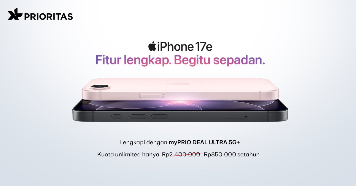 XL_Prioritas's tweet photo. iPhone impian tak hanya sebatas angan.

Dapatkan iPhone 17e dengan fitur lengkap yang sepadan. Kini dengan kuota unlimited di myPRIO DEAL Ultra 5G+, hanya Rp850.000,- setahun. 

Beli &amp; ambil penawarannya di sini: https://t.co/xhX1QA3Ixh

#XLPRIORITAS https://t.co/XA1MVs9TrA