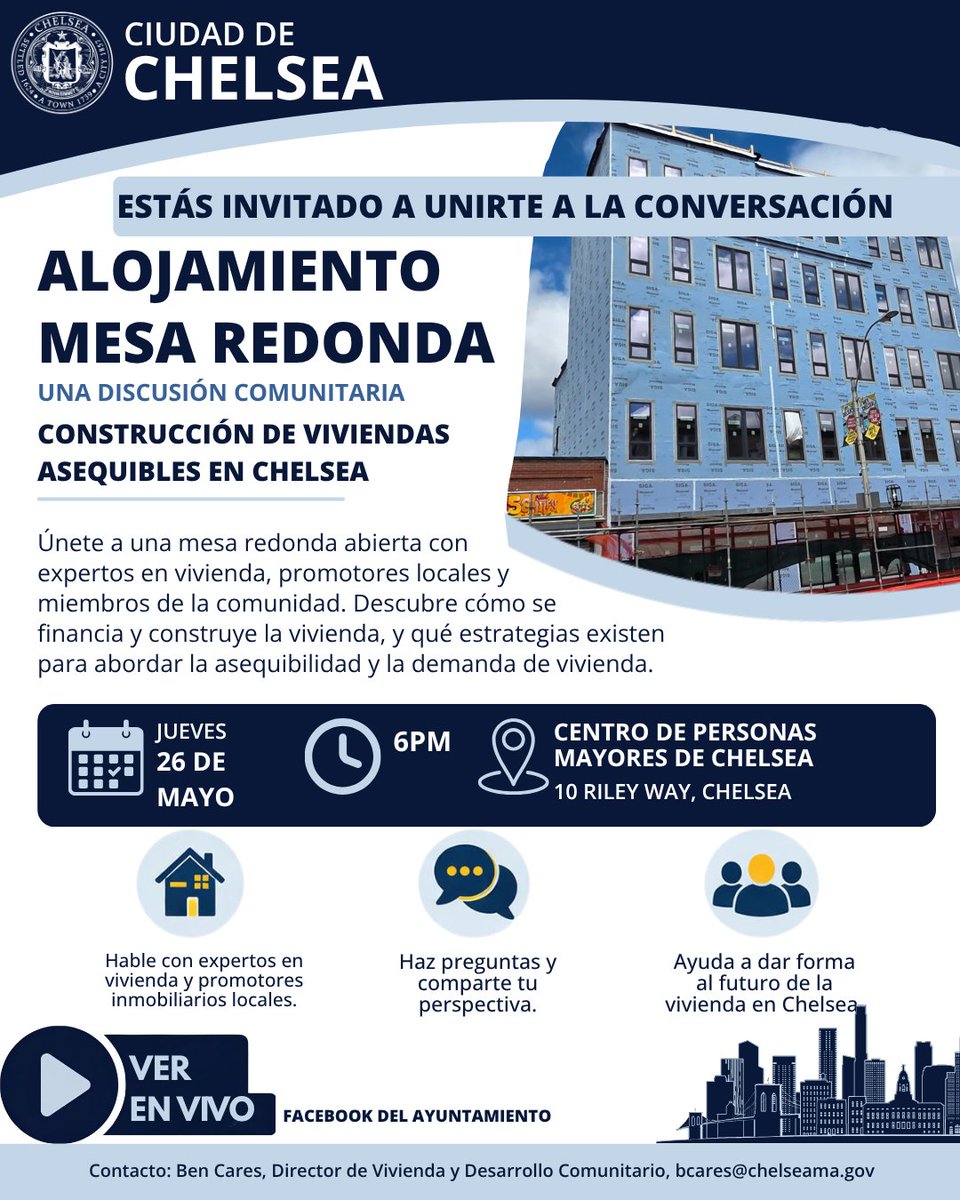 ChelseaGov_MA's tweet photo. 🏘️ Happening tomorrow: Join us for Chelsea’s Housing Roundtable Community Discussion.
--
🏘️ Mañana: Acompáñanos en la Mesa Redonda Comunitaria sobre Vivienda de Chelsea. https://t.co/EEKpPDfRRL