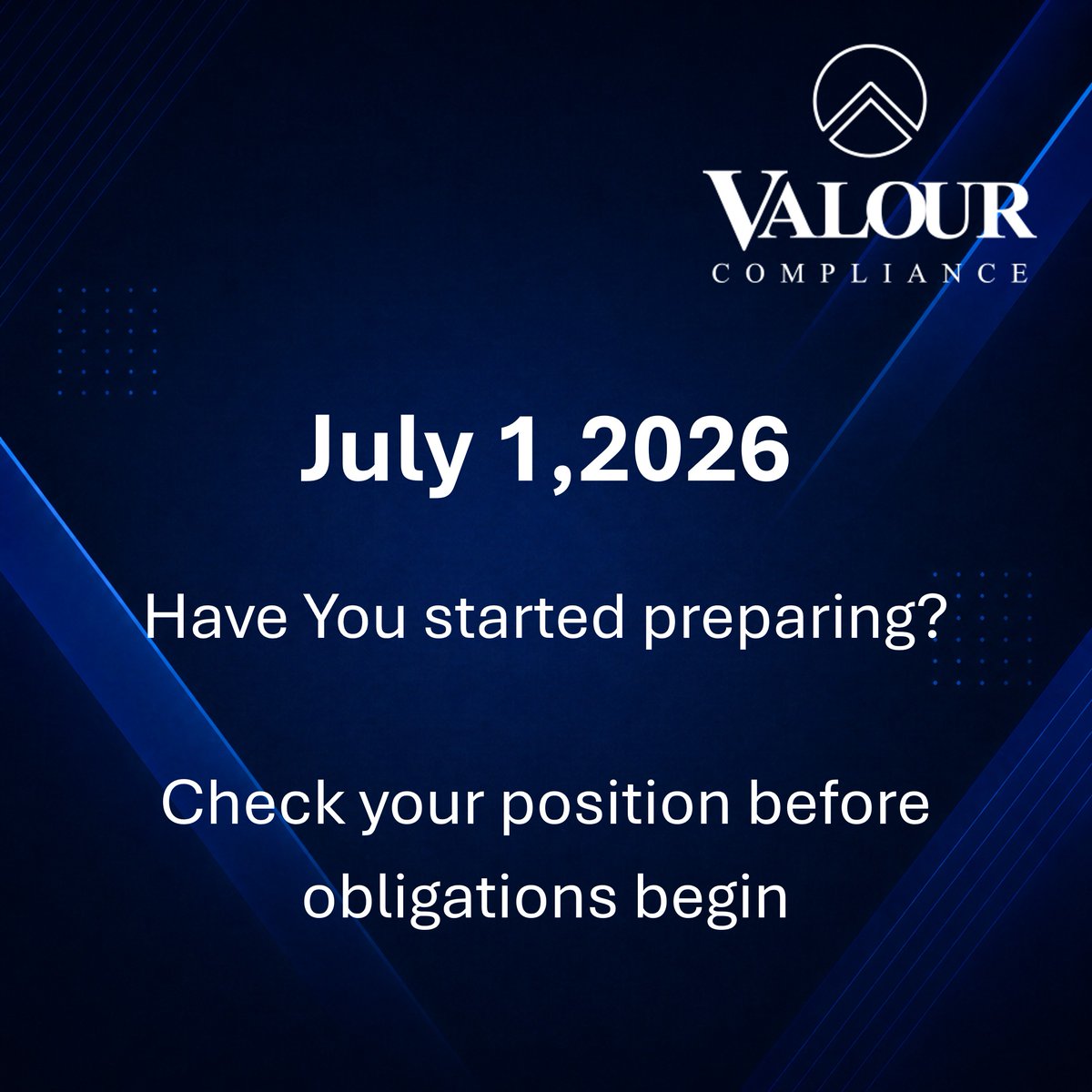 ValourComp's tweet photo. July 1, 2026 is closer than it feels.

For newly regulated businesses, preparation means knowing whether obligations apply, enrolment is required, and gaps may exist.

Start with the free AML/CTF Risk Test:
https://t.co/EEnr0sBmqc

#ValourCompliance #AMLCTF #Tranche2 https://t.co/JI589vdBIK