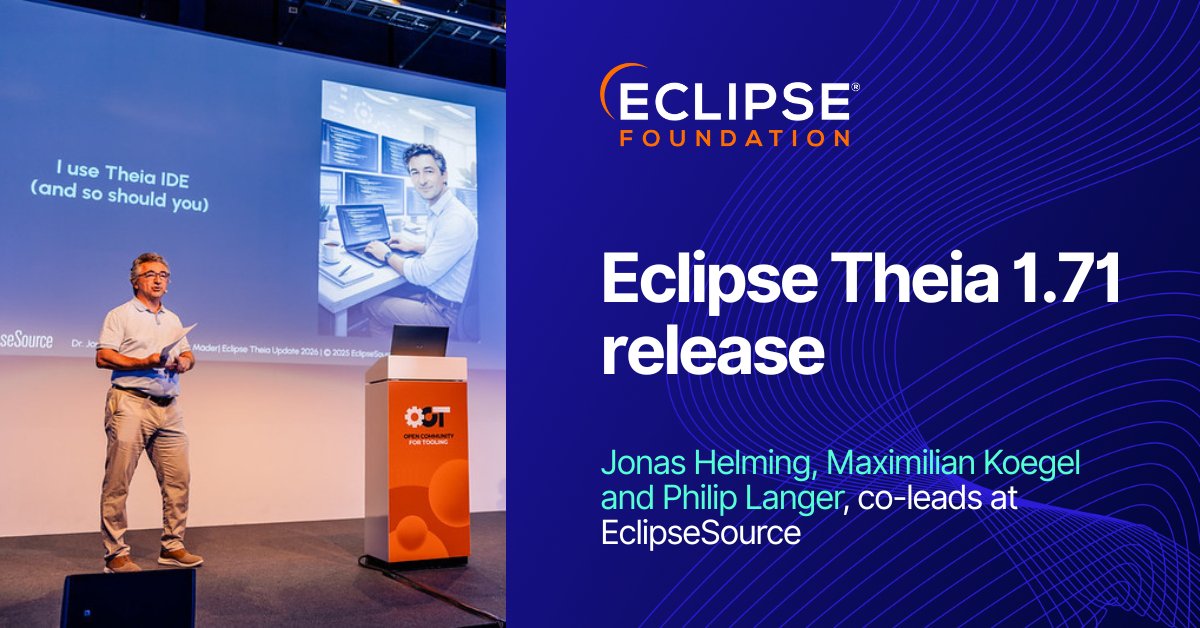 ECDTools's tweet photo. Eclipse Theia 1.71 is out! Eclipse Theia was strongly represented at @ocxconference with three dedicated talks:

Learn more about this release and the talks at OCX in this blog by @eclipsesource: https://t.co/pjah5qqLxj

#EclipseTheia #Theia #TheiaIDE #CloudDevTools #OCX26 https://t.co/3pe6An9Khr