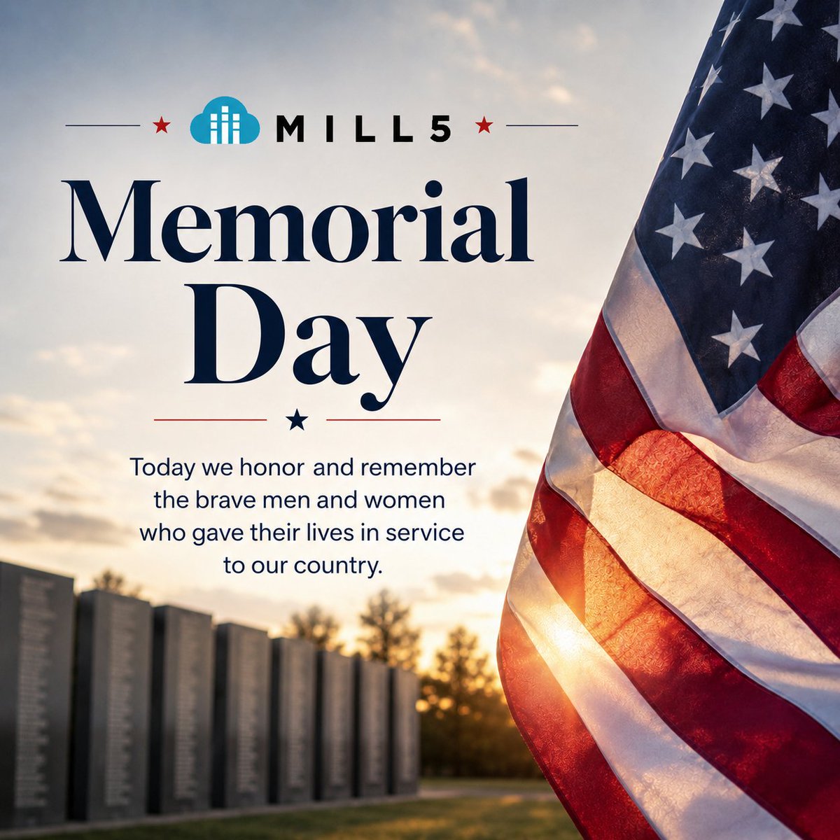 atmill5's tweet photo. As we pause for Memorial Day, we reflect on the meaning of service, sacrifice, and remembrance. We are grateful for the courage, sacrifice, and lasting legacy of the brave men and women who gave their lives for our country.

#HappyMemorialDay #MILL5 #ThankYou https://t.co/tNAvoHBzRu