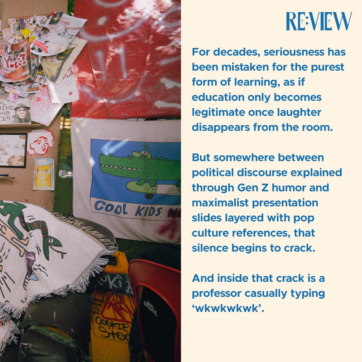 re_viewmgzn's tweet photo. CULTURE | Sir Jy Marie Wkwkwkwk ditches classroom traditions

What happens when political discussions, anime memes, and classroom lectures exist in the same PowerPoint slide? Meet Sir Jy Marie, the Gen Z professor behind the “Wkwkwkwk Theory,” a teaching style turning humor... https://t.co/86DwIHz1Nd