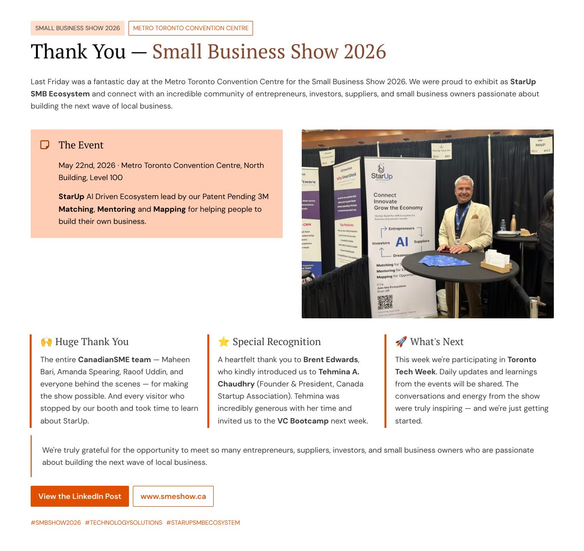 staruptech's tweet photo. Thank You – Small Business Show 2026 
Last Friday was an incredible day at the Small Business Show. 
Thank you to everyone who stopped by our booth!
Full recap on today’s post 👇 https://t.co/djp8JckGvc