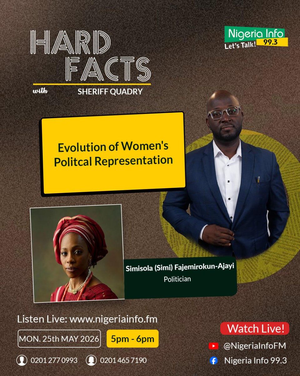 Simi4Reps's tweet photo. Women belong at every table where decisions are made.

Today, Hon. Simisola Fajemirokun-Ajayi joins Hard Facts with Sheriff Quadry on Nigeria Info 99.3FM to discuss the evolution of women’s political representation, the barriers women continue to face in politics, and the importance of building a more inclusive democratic future.

Listen live and be part of the conversation.

https://t.co/Th0ANMp815
Youtube: https://t.co/veqdiRU3CY

#Simi4Reps #NigeriaInfo