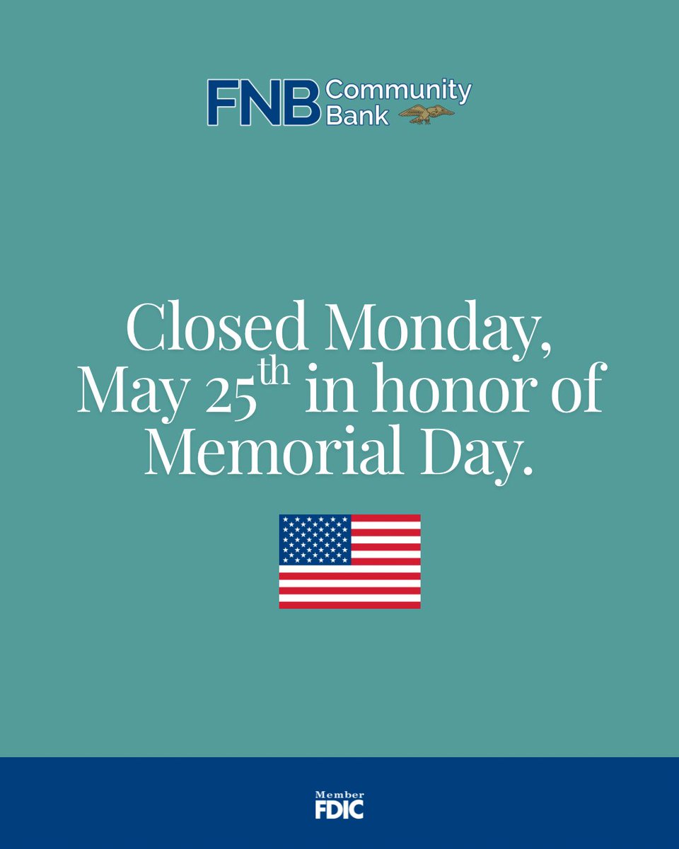 FNBMWC's tweet photo. Today, we pause to remember and honor the brave men and women who gave their lives in service to our country.

Their sacrifice made our freedoms possible, and we are forever grateful.

In observance of Memorial Day, all FNB Community Bank locations will be closed today. We will resume normal business hours tomorrow.

❤️🤍💙