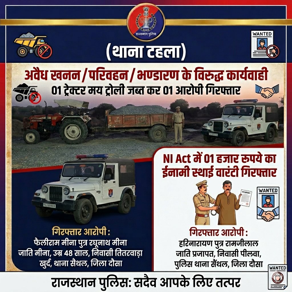 AlwarPolice's tweet photo. (थाना टहला)

अवैध खनन / परिवहन / भण्डारण के विरुद्ध कार्यवाही 01 ट्रेक्टर मय ट्रोली जब्त कर 01 आरोपी गिरफ्तार

Ni Act में 01 हजार रूपये का ईनामी स्थाई वारंटी हरिनारायण गिरफ्तार

@IgpJaipur @PoliceRajasthan @DeeJay0584 https://t.co/3V0iFX4OdG