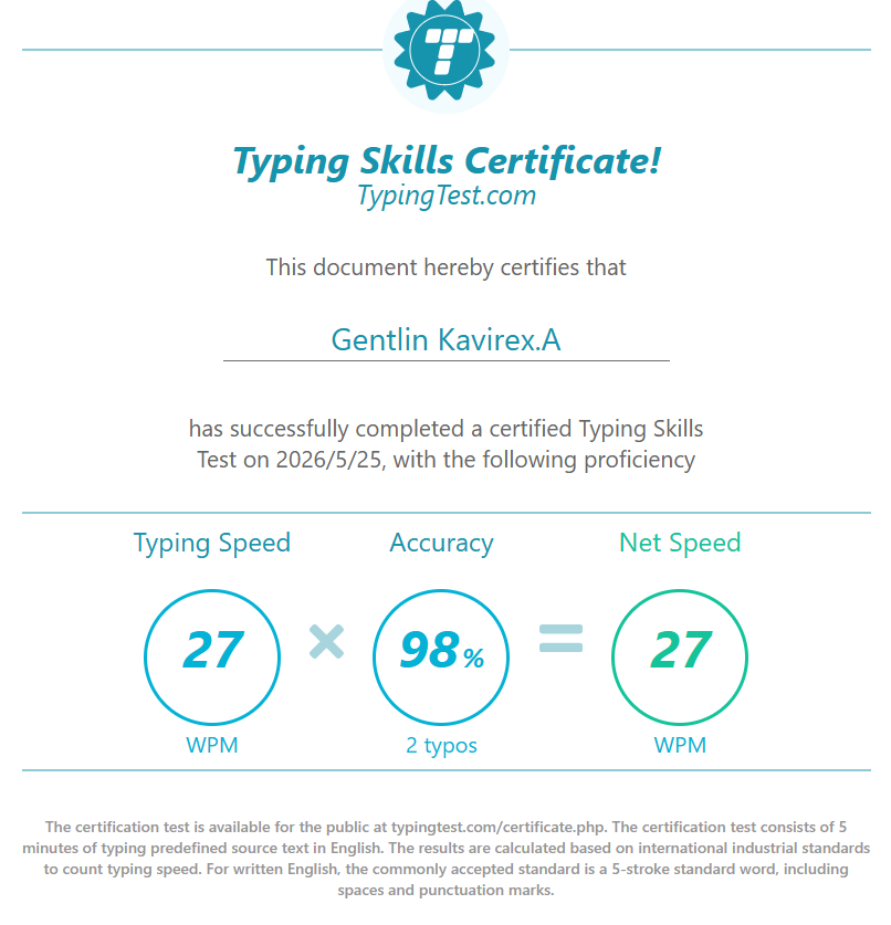 Amgentlin's tweet photo. Speed is great, but accuracy is everything. Just thought to refresh typing skills and got this certificate.,
#Upskilling #Productivity  #ContinuousLearning #ProfessionalDevelopment #SkillsUpdate #Efficiency https://t.co/h0s85JtMIy