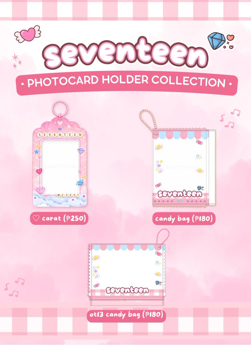 swtrxshop's tweet photo. #swtrxcoll

── 𝒔𝒆𝒗𝒆𝒏𝒕𝒆𝒆𝒏 𝟏𝟏𝐭𝐡 𝒂𝒏𝒏𝒊𝒗  
photocard holder collection ♡

new version added — perfect for ot13 & unit photocards 🩷

versions:  
   a. ♡𝘤𝘢𝘳𝘢𝘵  (₱250)
   b. 𝘤𝘢𝘯𝘥𝘺 𝘣𝘢𝘨  (₱180)
   c. ot13 𝘤𝘢𝘯𝘥𝘺 𝘣𝘢𝘨  (₱180)

details:  
   pre-order period: may 24, 2026 - june 10, 2026  
   production time: 2-3 weeks
   dop: 50% nrdp; rb june 15, 2026  

order here:  
https://t.co/EVRjCDacme