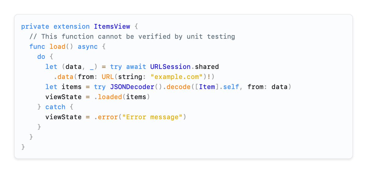 MatManferdini's tweet photo. The networking and related code that transitions a SwiftUI view through its different states is often a crucial part of your app’s implementation to test.

However, loading view content in private methods is untestable because of how SwiftUI works.

Read how to make that code testable here: https://t.co/qXpXP4CHRi