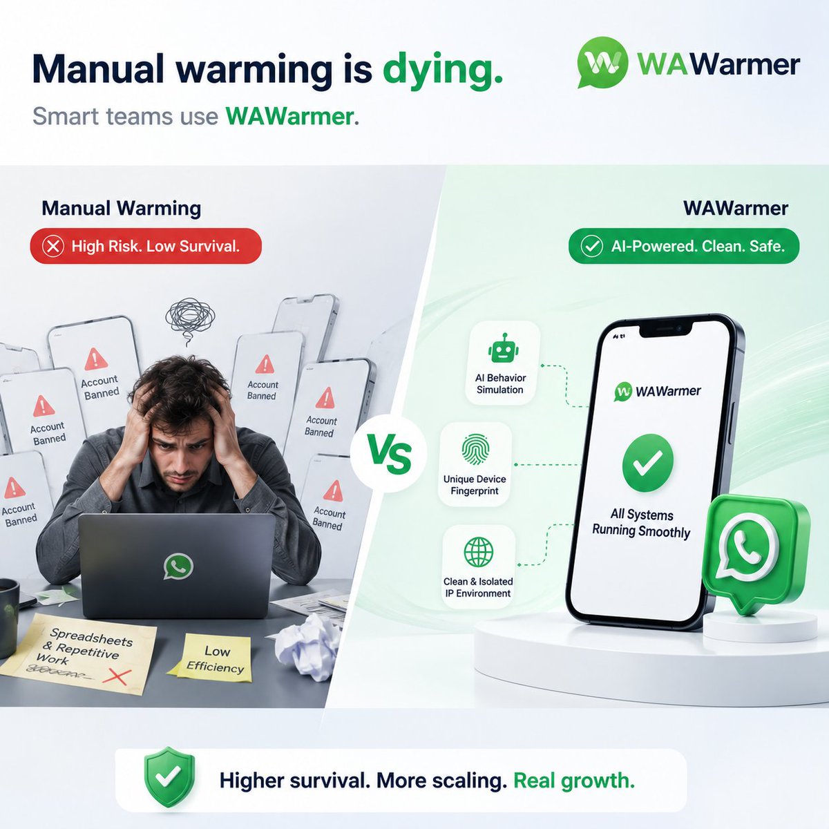 EstrellaTang25's tweet photo. Hot take:
El warming manual de WhatsApp está muriendo.
Meta ya detecta:
• fingerprints
• reputación IP
• comportamiento falso
Por eso herramientas como WAWarmer son clave.
IA + entornos limpios = más cuentas estables. https://t.co/Wmpg0jZHQ4