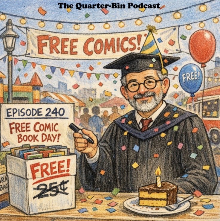 Relatively_Geek's tweet photo. On this no-cost episode 240 of The Quarter-Bin Podcast, @ProfessorAlan (with an assist from Tom Panarese of @TwoTrueFreaks) talks about Free Comic Book Day 2026!!! 

https://t.co/giHSHmvcfP https://t.co/pHbNqyXH6F