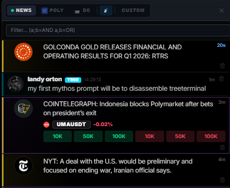 dterminal_trade's tweet photo. New update just dropped for DTerminal 

1. News on chart:  see coin-relevant headlines directly on your chart as you trade

2. Merged symbol + trade panel: Cleaner layout, less clutter

3. New news feed layout: More readable

4. Spaghetti chart: type BTC+ETH+SOL in the search bar to instantly compare normalized % performance across any coins

https://t.co/WNvtZSOtbH