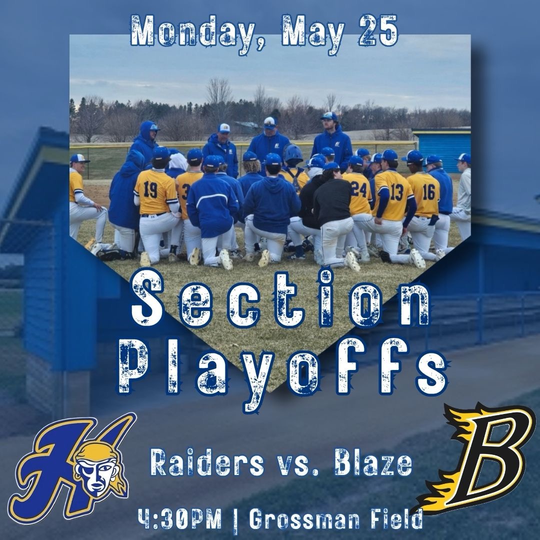 HHSRaiderBall's tweet photo. The Raiders will play host to the Burnsville Blaze in the first round of the Section 3AAAA playoffs today at Grossman Field.

First pitch slated for 4:30pm.

Tune into @KDWA1460 for all the action.

Go Raiders! https://t.co/HEmyFSu6aR