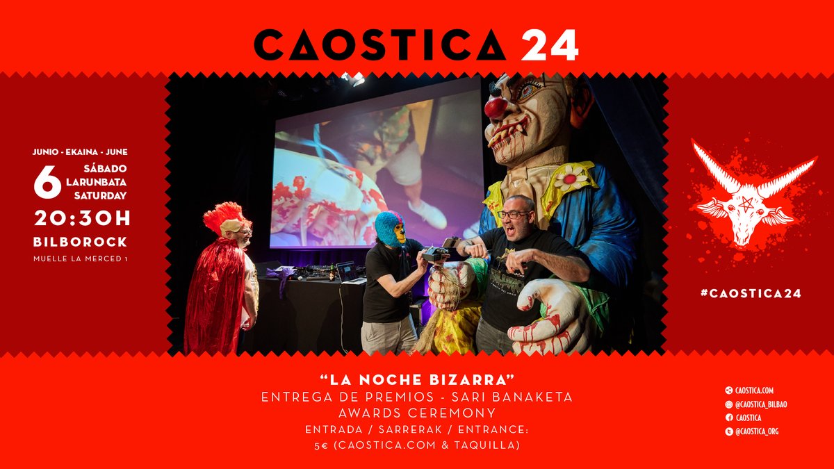 caostica_org's tweet photo. ¡LA NOCHE BIZARRA! ¡ELECTROCUCIÓN! Entrega de Premios Caostica 24. Sábado 6 de junio a las 20:30 en @Bilborockbilbao.  

Ceremonia de entrega de premios de la 24ª edición del Festival Internacional de Cortos y Videoclips Caostica, donde los ganadores serán electrocutados como dicta la tradición. Trofeos realizados por Singular ideas. 

Caostica 24 Sari Banaketa. Larunbata, ekainak 6, 20:30etan Bilborocken. 

Caostica – Film Laburren eta Bideoklipen Nazioarteko Jaialdiaren 24. edizioko sari-banaketa ekitaldia. Bertan, tradizioak ezarri legez, elektrokuzioa irabaziko duten garaileek. Singular Ideas-ek egindako trofeoak.

Caostica 24 Awards Ceremony. Saturday, June 6th at 8:30 PM at Bilborock.

Awards Ceremony of the 24th Edition of Caostica International Short Film and Music Video Festival, event where as tradition dictates, the award winners will be electrocuted. Trophies made by Singular Ideas. 

Entradas para toda La Noche Bizarra 5 € en taquilla o en este enlace (descuento para esbirros de Caostica): https://t.co/Zj4HQp0O60

Más info: https://t.co/xaX0NJNxe7

#Caostica24