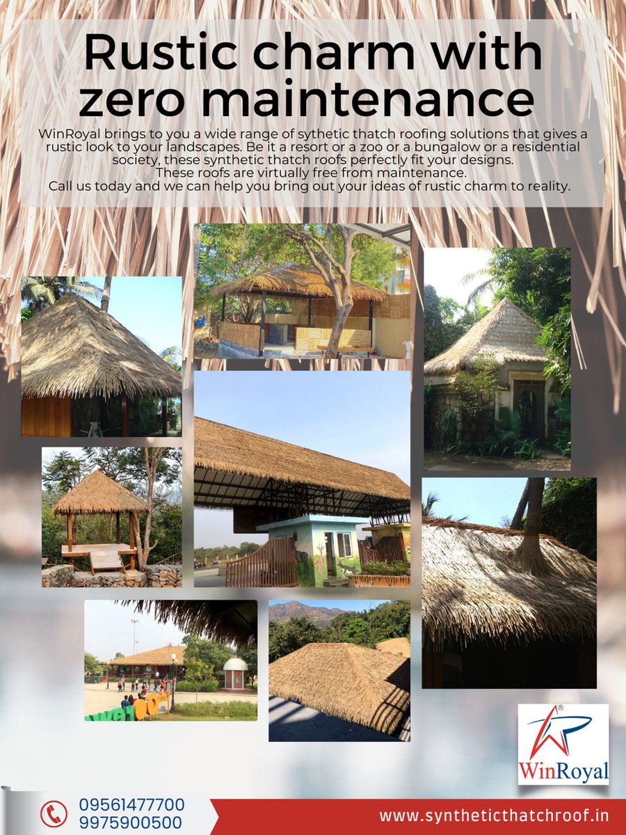 WinRoyalpune's tweet photo. 📷The best qualities of Synthetic Thatch Roof
📷Rustic charm with Zero maintenance Freshness of WinRoyal's thatch roof
📷 We can install Synthetic Thatch Roof in Raipur Chhatisgarh INDIA
.
📷Visit our website
📷 https://t.co/MOucFr2cFk
📷For more details
📷 Call +91 87666 89429 https://t.co/K8mjBx4P0e