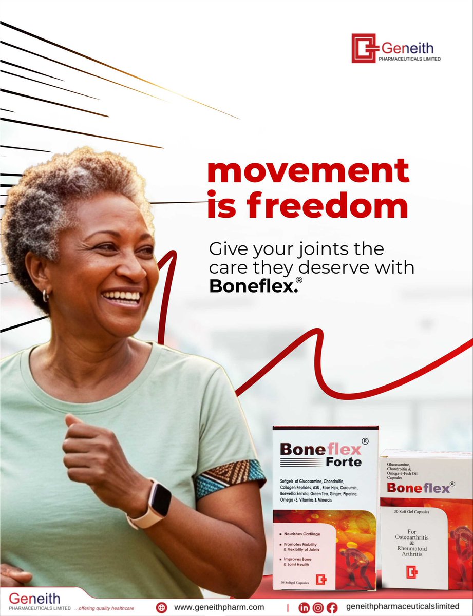 geneithpharmltd's tweet photo. The freedom to walk with ease, stretch without discomfort, and enjoy every moment without holding back… that’s a gift worth protecting. 💛
Support your joints with Boneflex®.

Available in all pharmacy stores nationwide.

#movementmatters #boneflex #boneflexforte #geneith https://t.co/FlyC7IYOiS