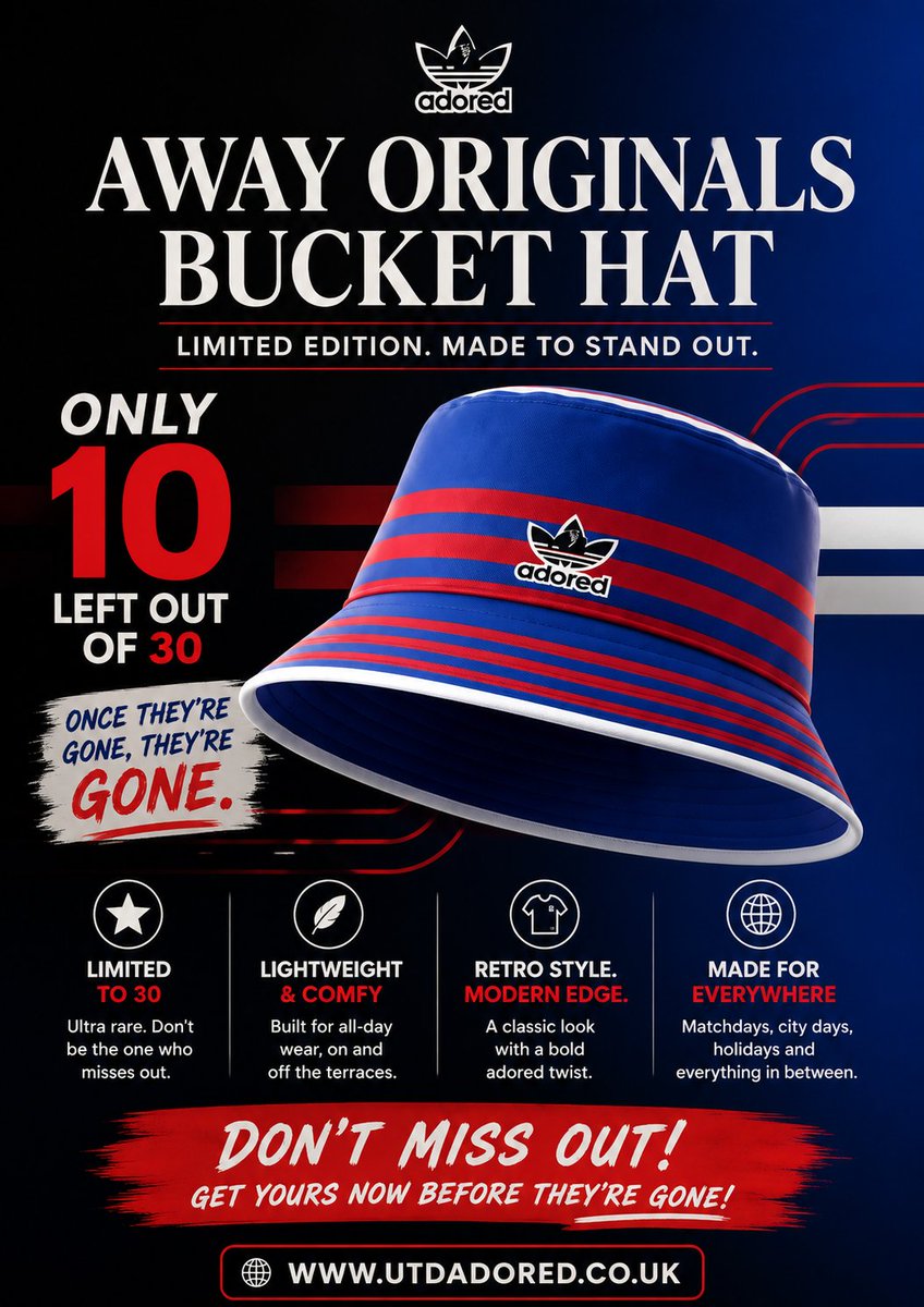 UtdadoRED_'s tweet photo. Stand out from the crowd with the limited-edition Away Originals Bucket Hat.
Designed for comfort, style, and everyday wear, this retro-inspired piece brings bold terrace energy wherever you go. With only 30 made and just 8 left, this is more than a hat — it’s a statement. Lightweight, eye-catching, and built for matchdays, city days, and everything in between.
Once they’re gone, they’re gone. Grab yours now before you miss out.
Link in Comments