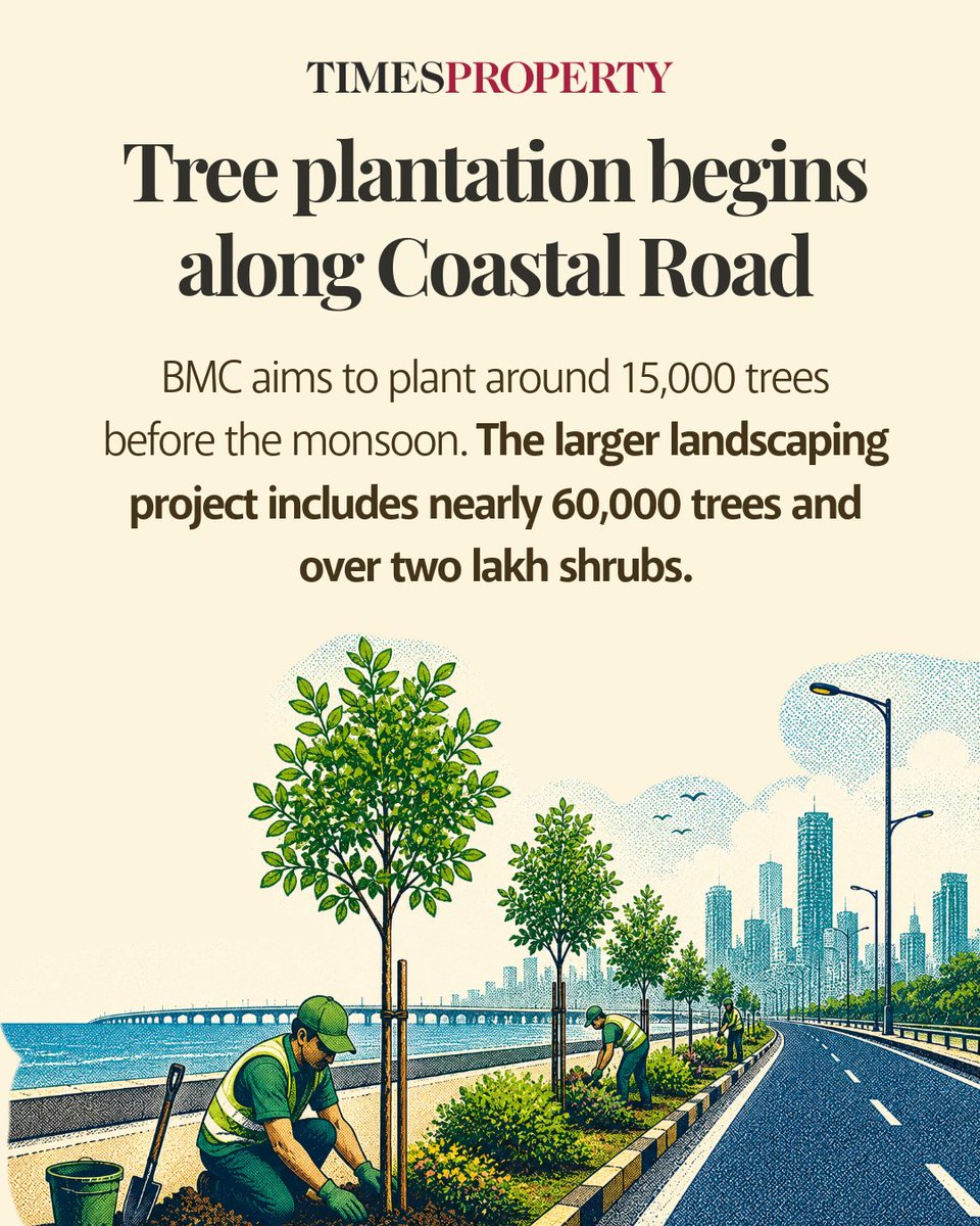 TimesPropertyIN's tweet photo. Tree plantation work has finally begun along sections of open spaces developed under Mumbai’s Coastal Road project, with initial activity underway in Worli and work expected to start soon at Breach Candy. https://t.co/VhvNzuoXBV